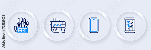 Set line Cryogenic capsules, Mobile phone, Futuristic weapon and Mechanical robot hand icon. Vector