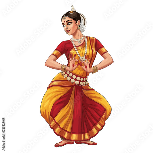 A graceful Indian classical dancer performs in traditional red and yellow attire with intricate jewelry.