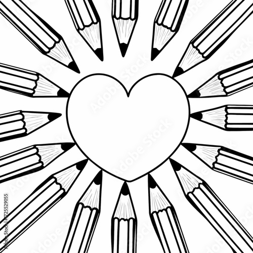 Minimilist heart shape surrounded by radiating pencils in a circular pattern black and white design style art vector