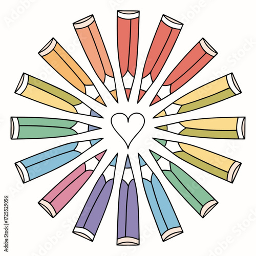 Minimilist a colorful circle of pencils surrounding a white heart in the center of the image design art vector
