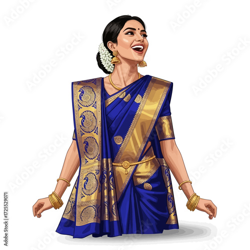 Illustration of a smiling woman wearing a traditional blue and gold saree with jewelry, looking upwards with an open mouth.