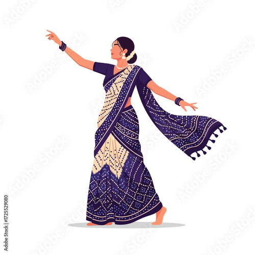 Elegant Indian woman in a richly patterned purple and cream saree, gracefully performing a traditional dance.