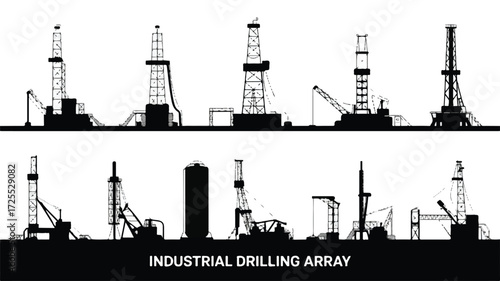 A black and white illustration of industrial oil and gas drilling equipment silhouettes arranged in two rows.  