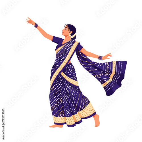 Woman in a blue and gold sari gracefully poses with arms outstretched, embodying Indian dance and tradition.