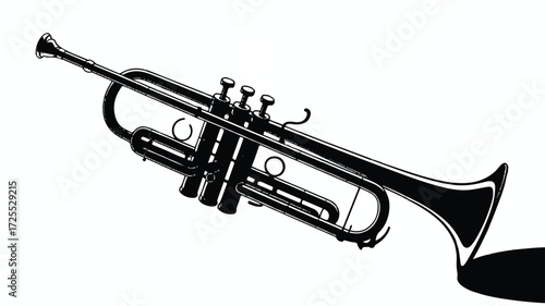 A black and white silhouette illustration of a trumpet against a white background 