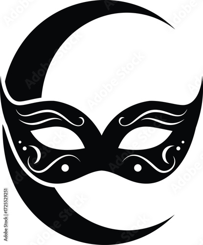 Mysterious masquerade mask emerging from crescent moon symbolizing nighttime elegance and secrets isolated on transparent background