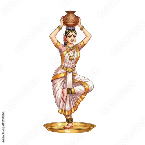 Graceful Indian dancer balancing an earthen pot on her head while standing on a brass plate in traditional attire.