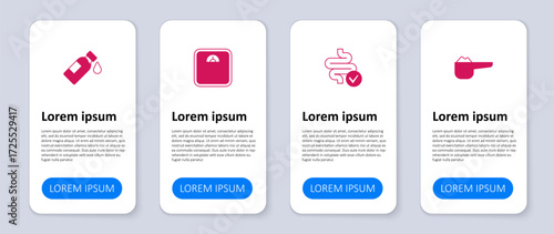 Set Sports nutrition proteine, Intestines, Bathroom scales and Bottle of water. Business infographic template. Vector