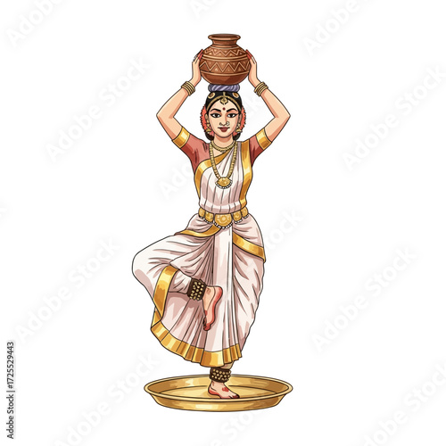An illustration of a traditional Indian dancer balancing a clay pot on her head while standing on a brass plate.