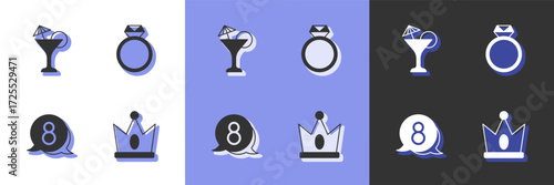Set King crown, Martini glass, 8 March speech bubble and Diamond engagement ring icon. Vector