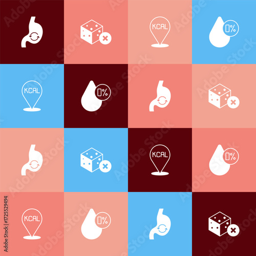 Set pop art Human stomach health, No sugar free, Kcal and Water balance icon. Vector