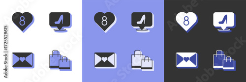 Set Paper shopping bag, Heart with 8 March, Envelope and Woman shoe icon. Vector