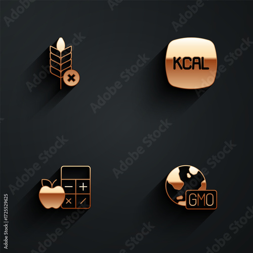 Set Gluten free grain, Kcal, Calorie calculator and GMO icon with long shadow. Vector