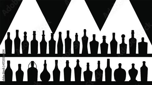 A black and white silhouette illustration of various liquor bottles arranged in three rows against a white background 