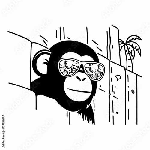 Minimilist ape wearing sunglasses looking over a ledge with palm tree reflection in the glasses is present here vector