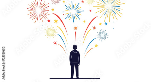 Silhouette Gazing Upward at Celebratory Fireworks Display Against a White Backdrop Illustrating Aspiration and Joy