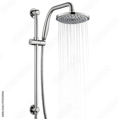 Modern shower head with running water isolated on transparent background