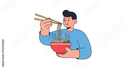 Captivating cartoon illustration depicting a man enjoying hot ramen with chopsticks in a vivid red bowl