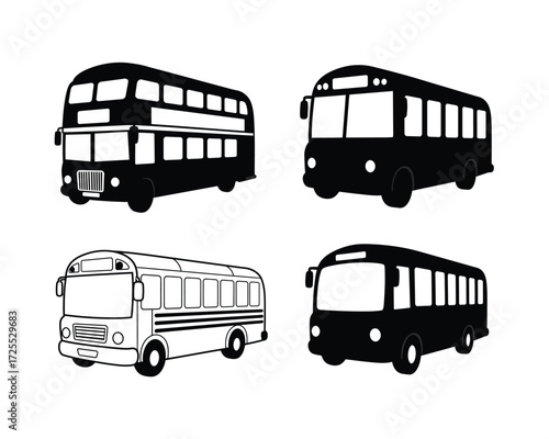 Collection of four distinct hand drawn black and white sketch style illustrations of various types of buses including a double decker and school bus