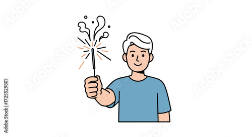 Young man holding a sparkler with a joyful expression for festive celebration illustration