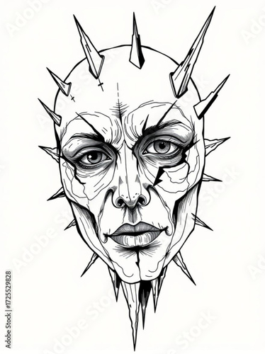 Minimilist detailed monochrome drawing of a face with spikes protruding from the head and facial features vector