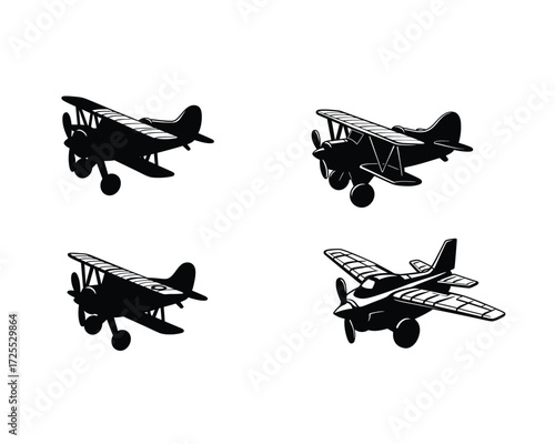 Four distinct silhouette illustrations of vintage biplanes in flight showcasing classic aviation design and historical aircraft styles