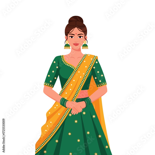 A beautiful Indian woman wearing a traditional green and yellow lehenga choli outfit.