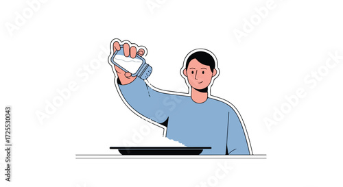 Simple illustration of a person seasoning food with salt from a shaker, adding flavor and enhancing taste with a simple gesture and everyday kitchen