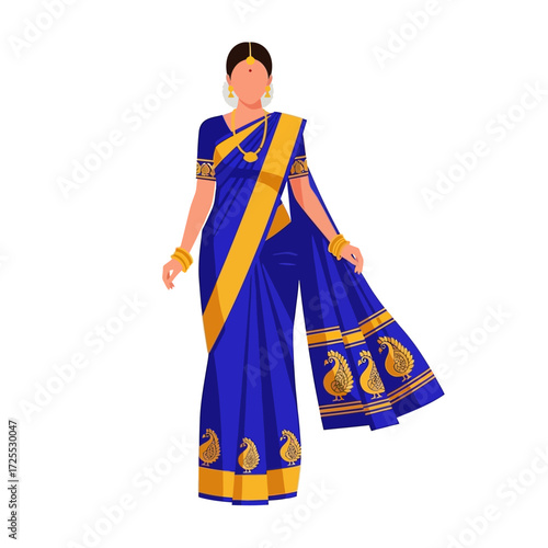 A woman elegantly draped in a vibrant blue and gold traditional Indian sari, adorned with intricate paisley patterns and jewelry, standing gracefully.