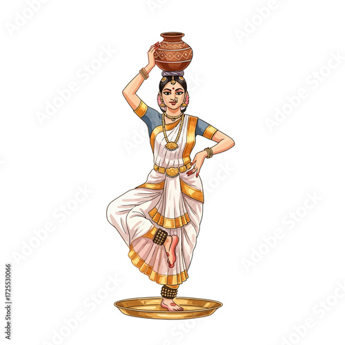An Indian woman gracefully balances a traditional pot on her head while performing a classical dance pose on one leg, adorned in white and gold attire.