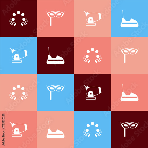 Set pop art Juggling ball, Festive mask, Cannon and Bumper car icon. Vector