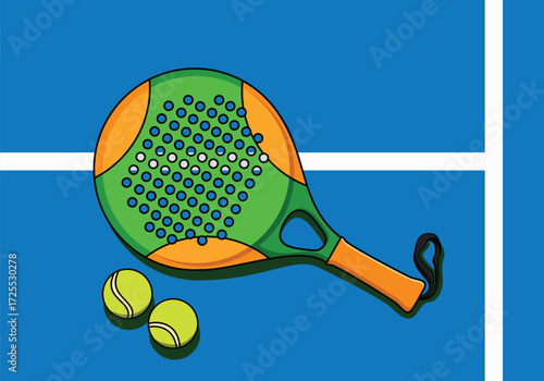 Padel Racket and Tennis Balls on Green Court Vector Illustration