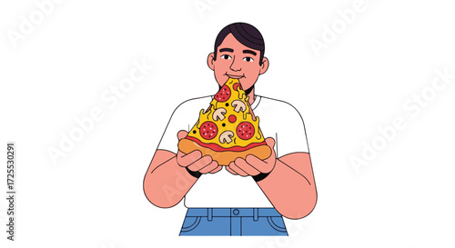 Enthusiastic man embracing a large slice of flavorful pizza with delightful anticipation and joy of simple indulgence moment