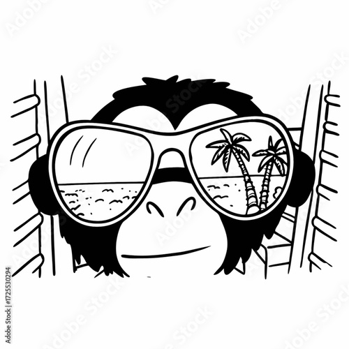 Minimilist monkey wearing sunglasses reflecting a beach scene with palm trees in a black and white illustration vector