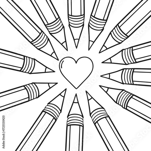 Minimilist heart encircled by radiating pencils in a black and white line drawing style illustration art piece vector
