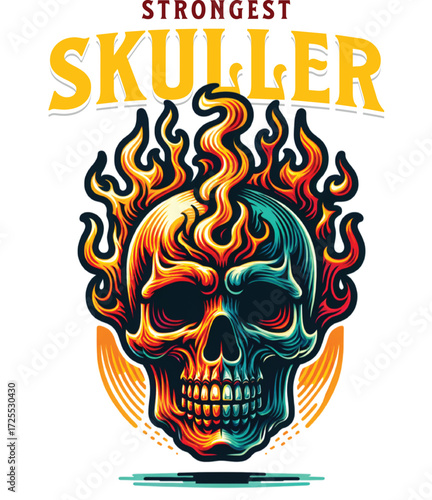 Sinister skull devil character design with fiery accents and gothic typography