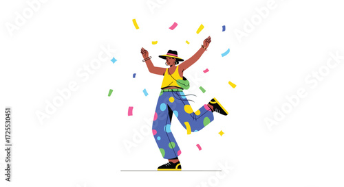 Joyful Celebration: Woman Dancing in a Shower of Colorful Confetti expressing pure happiness and freedom at a lively party celebration