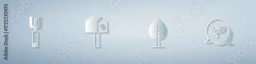 Set Garden pitchfork, Bird house, Tree and Leaf. Paper art style. Vector