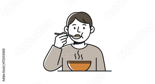 Simple illustration of a person enjoying a warm meal from a bowl, with a spoon, conveying comfort and satisfaction in a minimalist style