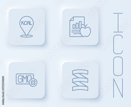 Set line Kcal, Diet plan, No GMO and Sports nutrition proteine. White square button. Vector