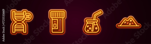 Set line No GMO, Vitamins, Fresh smoothie and Salt. Glowing neon icon. Vector
