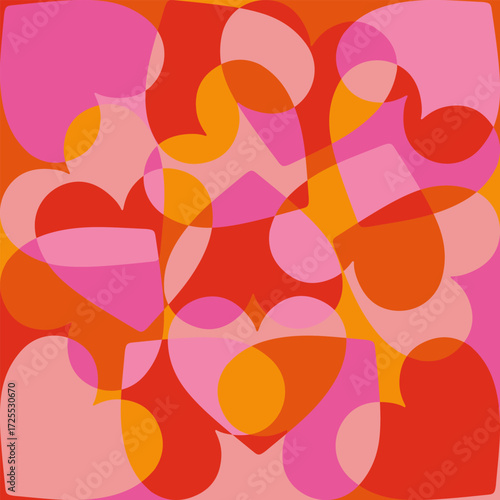 Pattern with abstract overlapping hearts in red and pink shades, romantic background for Valentine s Day and love design.