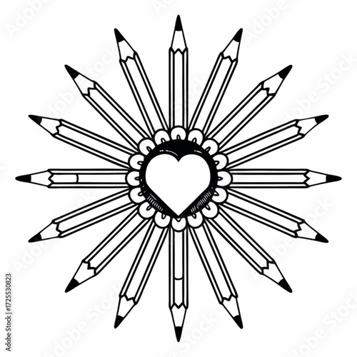 Minimilist heart surrounded by decorative elements and pencils arranged in a circular pattern design art drawing vector