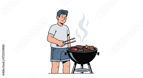 Man cooking meat and vegetables on a charcoal grill enjoying a summer day barbecue activity using tongs preparing delicious grilled food outdoors on