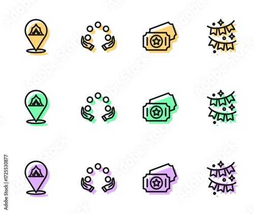 Set line Circus ticket, tent, Juggling ball and Carnival garland with flags icon. Vector