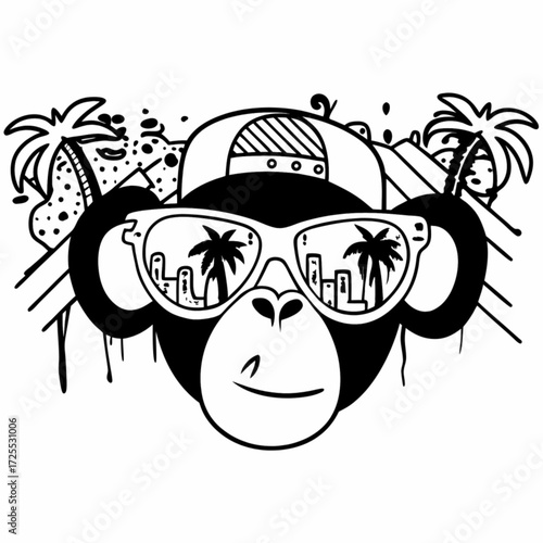 Minimilist monkey with sunglasses reflecting a city skyline and palm trees wearing a cap and surrounded by palm trees vector