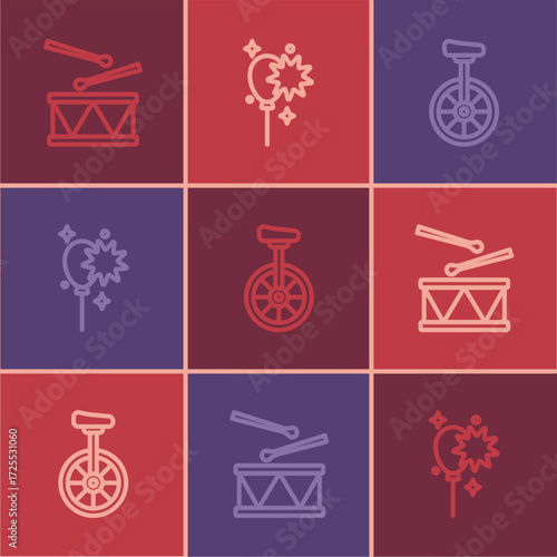 Set line Drum with drum sticks, Unicycle and Balloons ribbon icon. Vector