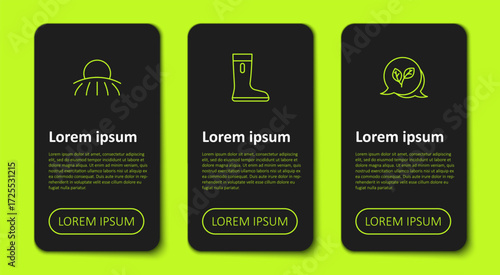 Set line Sunrise, Waterproof rubber boot and Leaf. Business infographic template. Vector