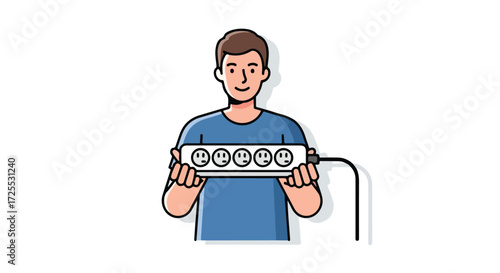 Cartoon character showing electrical power strip with face icons implying energy moods and electrical issues isolated on white background