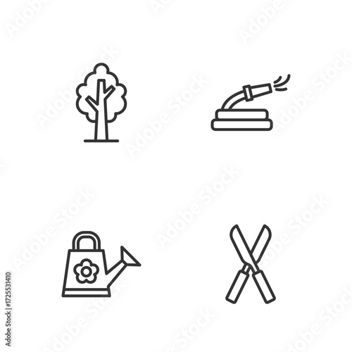 Set line Gardening scissors, Watering can, Tree and hose icon. Vector